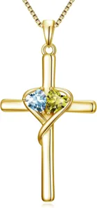 Exquisite gold cross pendant necklace featuring dual heart-shaped gemstones for elegant daily wear.