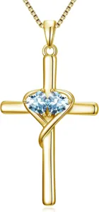 Gold cross necklace with double heart blue crystals, elegant jewelry gift for women daily wear.