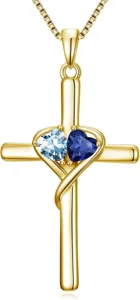 Gold plated cross necklace with dual heart gemstones, elegant pendant jewelry for women.