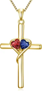 Gold cross necklace with red and blue heart cubic zirconia stones for women detail view.