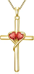 Gold cross pendant necklace featuring shimmering red heart gemstones and fine box chain detail.