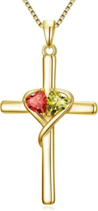 Gold cross pendant necklace with double heart red green gemstones for women elegant gift