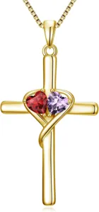 Gold cross necklace with red and purple heart cubic zirconia pendant for women fashion