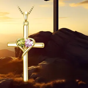 European American Style Cross Heart Pendant Necklace Gold Plated Copper Zirconia Double Heart Cross Necklace For Women Jewelry Gift