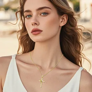 Gold cross necklace with dancing heart pendant, elegant light luxury jewelry for women daily wear.