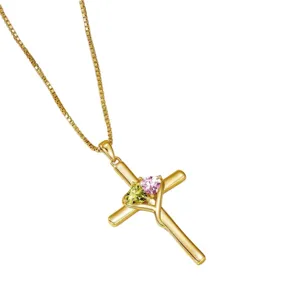 Gold-plated cross necklace with pink and green heart gemstones, chic women jewelry pendant