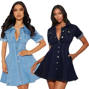 Women Casual Denim Dress Slim Fit Square Neck Single-Breasted Washed Cotton Jeans Button Midi Dress For Outdoor Streetwear