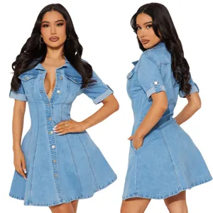 Women's light blue denim shirt dress, short sleeve button-down A-line casual dress.