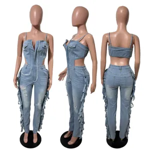 Mameluco Denim Con Flecos Elastico Estilo Desgastado Sexy Mono Vaquero Sin Mangas