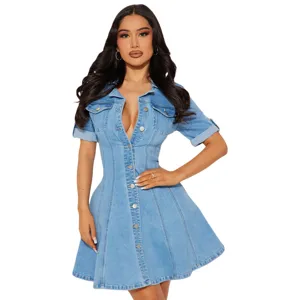 Close-up detail of the light blue denim dress showing lapel collar and front buttons.