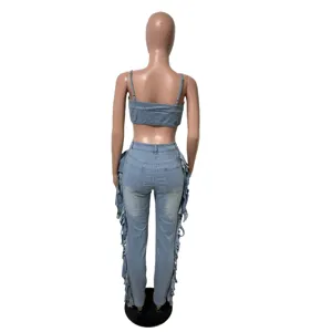 Conjunto de dos piezas de mujer sexy vaqueros crop top y pantalon con flecos estilo