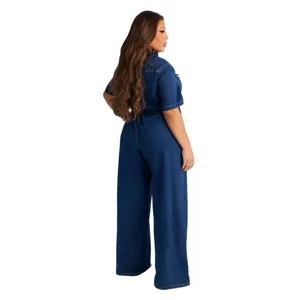Γυναικείο τζιν ολόσωμο jumpsuit κοντό μανίκι casual κομψό φαρδύ μακρύ παντελόνι μπλε