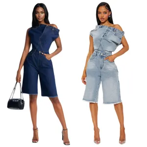 Detail shot showing the unique off-the-shoulder design and denim fabric of the stylish jumpsuit.