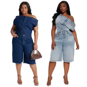 Women's Casual Off-The-Shoulder Denim Jumpsuit Distressed Cotton Spandex Slim Fit One-Piece Strapless Romper Jumpsuit