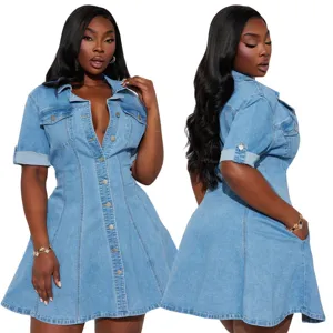 Women light blue denim shirt dress casual lapel single-breasted short sleeve dress