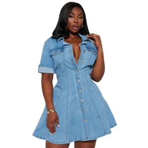 Women short sleeve denim dress casual lapel single breasted waist cinching mini dress chic
