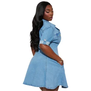 Women light blue denim shirt dress casual lapel short sleeve slim fit pocket dress