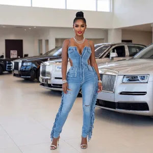 Mono de Denim Sexy Con Tirantes Spaghetti Desgastado Con Borlas Alta Elasticidad Calado Mujer Streetwear Bodycon Romper