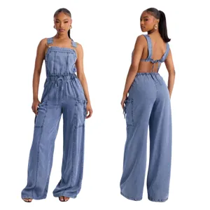 Women Sexy Denim Jumpsuit Backless Washed Wide Leg Suspenders Romper High Waist Cotton Bodysuit Streetwear Clubwear