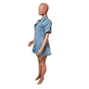 Women light blue denim shirt dress short sleeve lapel waist-cinching casual mini dress