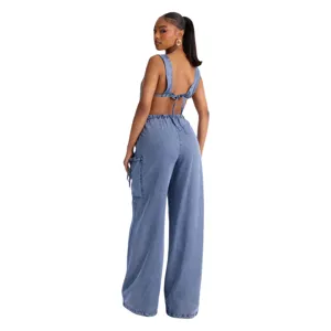Sexy casual denim jumpsuit for women, stylish strap wide leg trousers for daily wear.