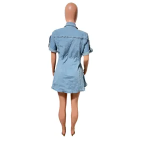 Women casual short sleeve lapel waist denim dress solid light blue summer fashion street style