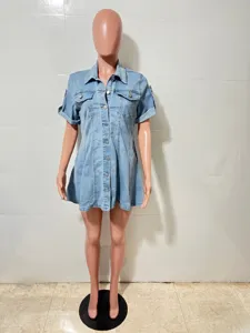Casual denim mini dress detail, showcasing short sleeves, lapel collar, and button-up front.