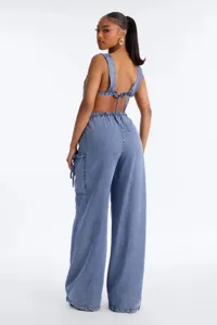 Women denim jumpsuit wide leg open back casual sleeveless overalls trousers stylish outfit