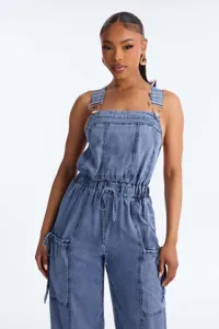 Women casual blue denim overall jumpsuit with drawstring waist and pockets for stylish daily wear.