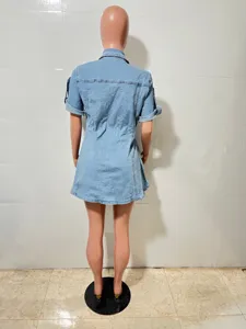Women casual denim shirt dress short sleeve lapel waist cinched detail back view