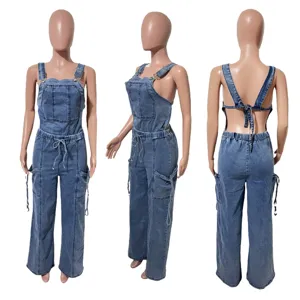 Women casual denim overalls jumpsuit wide leg pants tie back streetwear fashion chic
