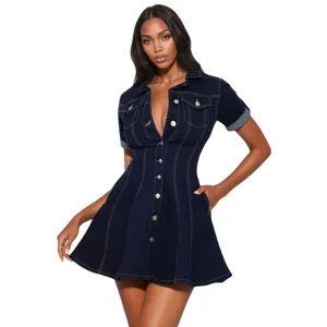 Dark blue denim detail, lapel collar, single-breasted metal buttons, waist-cinching cut.
