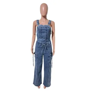 Details of women's denim overall jumpsuit with adjustable straps, casual loose wide leg style.