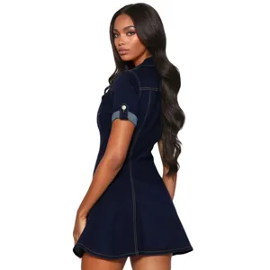 Women's short sleeve lapel denim dress, casual waist-cinching A-line design, side back view.