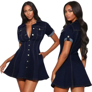 Women's denim lapel short-sleeve mini dress with single-breasted and waist-cinched design.