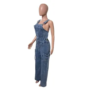 Women denim jumpsuit casual loose cargo overalls with pockets and drawstring waist detail.