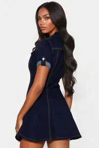 Dark blue denim dress with collar and short sleeves, stylish waist-cinching casual style.