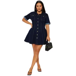Stylish denim shirt dress with lapel short sleeves and flattering waistline design.