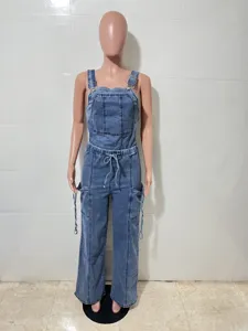 Women denim jumpsuit casual loose wide leg overalls with adjustable straps and waist drawstring.