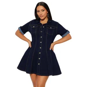 Women casual denim shirt dress short sleeve button down lapel A-line mini dress streetwear