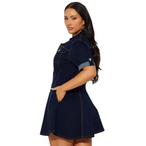 Women casual dark blue denim dress short sleeve lapel waist-cinched mini dress summer