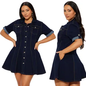 Close-up detail shot showcasing a stylish dark blue denim dress with lapel and buttons.
