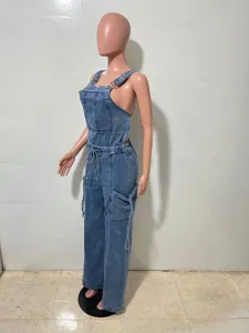 Women casual blue denim overall jumpsuit featuring wide legs, front pockets and waist.