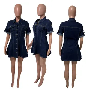 Blue denim shirt dress for women, short sleeve lapel button down mini dress casual style
