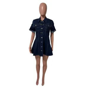Women dark blue denim dress casual short sleeve lapel single-breasted slim fit mini dress