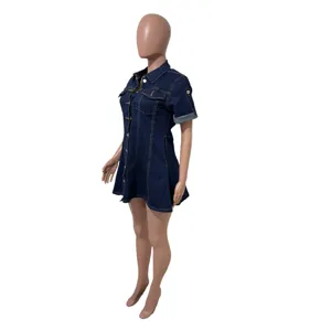 Stylish dark blue denim short sleeve mini dress with lapel and single breasted design.