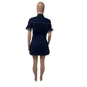 Women Denim Dress Casual Slim Fit Lapel Short Sleeve Blue Dress Variant Back View