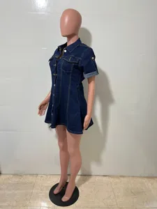 Women dark blue denim dress short sleeve lapel button down casual mini denim dress detail