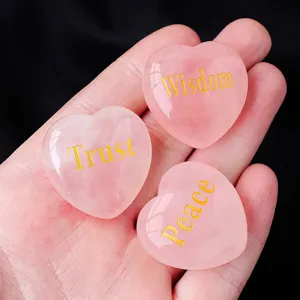 Natural Rose Quartz Heart Crystal Stone Engraved Healing Palm Stone Pocket Wish Decor