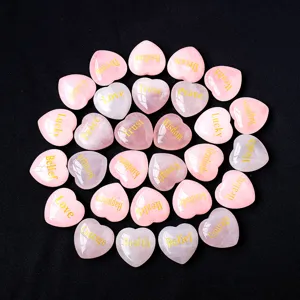 Natural rose quartz heart engraved crystal stone ornament, healing wishing stone for decor.